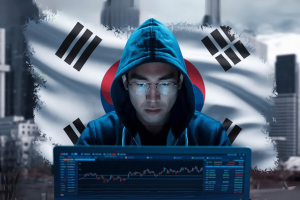 Hooded man with South Korean flag behind him using crypto. South Korea sees spike in drug smuggling linked to crypto