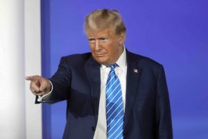 Former President of the United States Donald Trump speaking with attendees at the Republican Jewish Coalition's 2023 Annual Leadership Summit at the Venetian Convention & Expo Center in Las Vegas, Nevada.