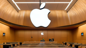 AI-generated image of court room with Apple logo at the top