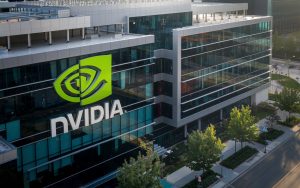 A photo of the Nvidia headquarters building with the Nvidia logo prominently displayed on the side of the building. The building has a modern design with glass windows and steel structures. There are trees and greenery around the building. The background contains a road and other buildings. The lighting is bright.