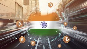 A blurred Indian city scene with a large Indian flag in the foreground. The flag is surrounded by various crypto symbols, including a Bitcoin logo and a few other coins. The background reveals a busy street with vehicles and buildings. The overall image has a warm hue.