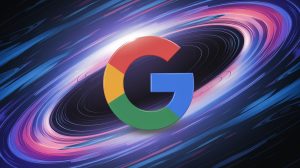 A cinematic medium shot of the Google logo animated in 3D, floating in the air. The background is a dynamic, abstract space with a swirling vortex of colours and shapes. The logo and the background have a soft glow.