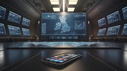 A cinematic shot of a futuristic, empty military command centre. There's a large tactical display with a map of the UK. On the ground, there's a smartphone with a screen filled with various icons. The walls are lined with multiple screens displaying different data. The lighting is bright.