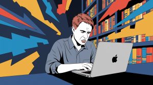 A dynamic background with abstract shapes and lines in blue, orange, and yellow. In the foreground, there's a man with short brown hair using an Apple device, a MacBook Pro. He is sitting in a room with a bookshelf filled with books. The man is wearing a gray shirt and has a frustrated expression.