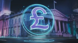 A futuristic scene of a digital pound symbol glowing and floating above a traditional bank building. The symbol has a blue background with a purple pound sign. The bank building has a classic architecture. In the background, the Bank of England building is visible. The scene is illuminated with neon lights, casting a blue and purple hue over the scene.