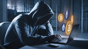 A photo of a shadowy figure hunched over a laptop. The figure is wearing a hoodie and is sitting in a dimly lit room. There are images of cryptocurrency symbols, such as bitcoin and ethereum, emanating from the laptop. The room has a construction site in the background. The overall image has a sinister tone.