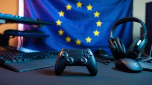 A photo of a video game controller placed on a dynamic background with a European Union flag. The background contains multiple elements such as a keyboard, a mouse, a headset, and a laptop. The EU flag is prominently displayed on the wall behind the setup. The lighting is soft.