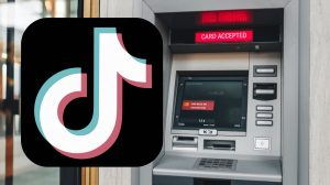 A video of a TikTok logo in front of an ATM. The TikTok logo is a white play button on a black background, placed on the top left corner of the screen. The background is a photo of an ATM in a public space. The ATM has a red 