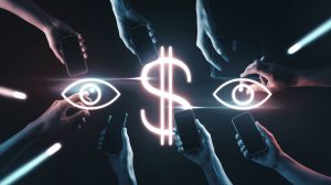 An abstract image with a dark background. There are multiple hands, each holding a smartphone. The hands are scattered across the image. There are bright lights in the shape of a dollar sign and a eye. The image has a futuristic, cyberpunk aesthetic.