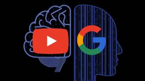 An illustration of a YouTube and Google logo alongside each other. In the background, a digital brain representing AI is powering up, with a binary code pattern.