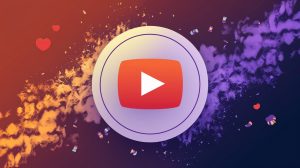 An illustration of a Youtube logo on a dynamic background. The background is a gradient of orange and purple with animated smoke and sparks. There are also floating hearts and confetti. The logo is placed on a white circle.