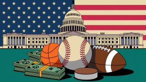 An illustration of the US Congress building with a large sports betting symbol in the foreground. The sports betting symbol features a baseball, basketball, football, and hockey puck. There are also stacks of money and a trophy. The background contains the US flag and a banner with the text 