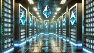 Futuristic data center with glowing Ethereum symbols floating above server racks