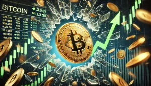 Golden Bitcoin coin breaking through a glass ceiling, with stock market charts and green arrows in the background