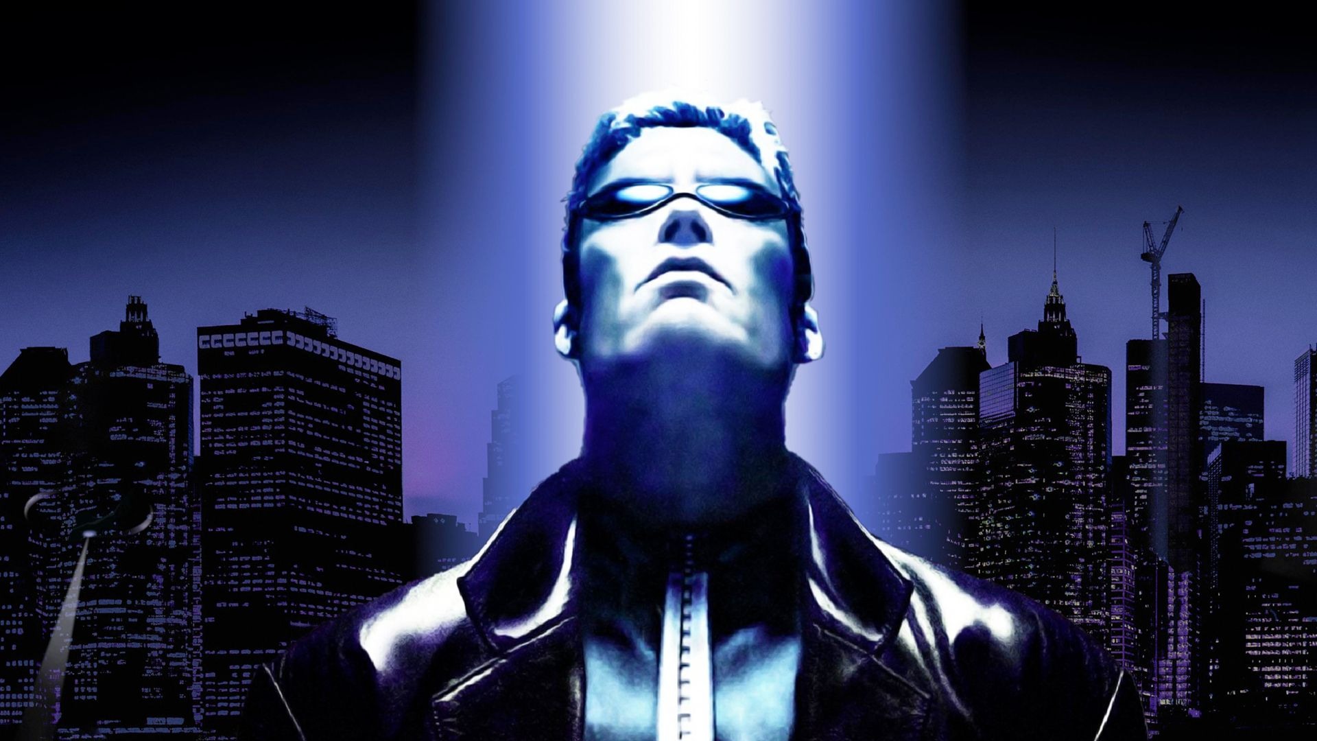 iconic art from deus ex shows the protagonist bathed in blue light looking up