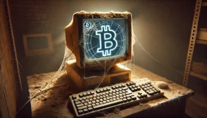 A dusty, cobweb-covered computer from 2009 suddenly lighting up, displaying the Bitcoin logo on its screen