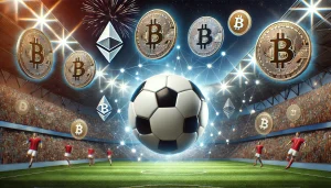 A soccer ball with cryptocurrency symbols floating around it against a backdrop of a packed stadium