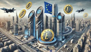 Futuristic cityscape with EU flag and oversized euro coins, symbolizing new regulations