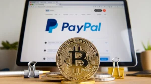 A computer screen displaying the PayPal website. In front of the screen, there's a cryptocurrency coin, specifically a Bitcoin. The coin has a unique pattern and is made of metal. The background is a wooden desk with a few items, including a pen, a paper clip, and a small plant.