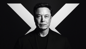 Black and white headshot of Elon Musk's on a black background with a large white X behind him