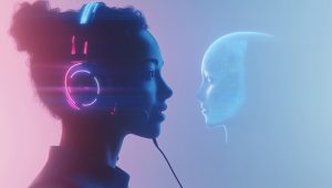 A person wearing a sleek, modern headset with an attached microphone, engaged in a conversation with a holographic AI assistant resembling ChatGPT's logo, set against a clean, minimalist background