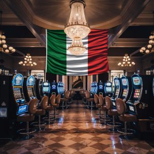 A photo of an Italian gambling casino with the Italian flag. The casino has a classic Italian design with marble floors, chandeliers, and vintage slot machines. In the background, there's a large chandelier and a portrait of a historical figure. The Italian flag is prominently displayed on a wall. The overall atmosphere is dimly lit and luxurious.