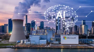 AI image of a nuclear plant with Microsoft branding / Three Mile Island nuclear plant will reopen to power Microsoft data centers.