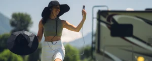 A woman wearing the Power Hat.