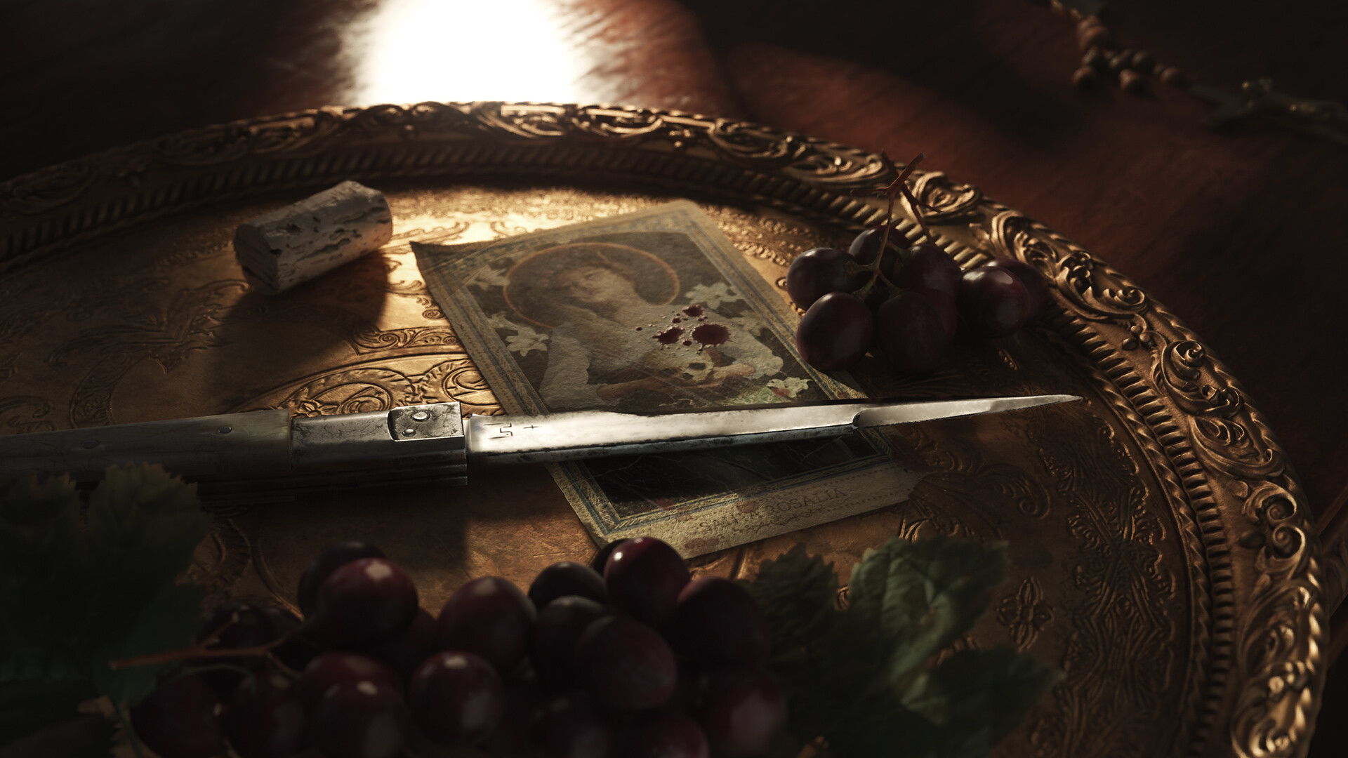 A screenshot from Mafia: The Old Country showing a knife on a tray with some grapes.