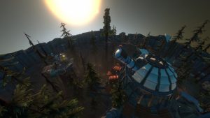 fishbowl-lens perspective of a planetary landscape in the video game Outer Wilds