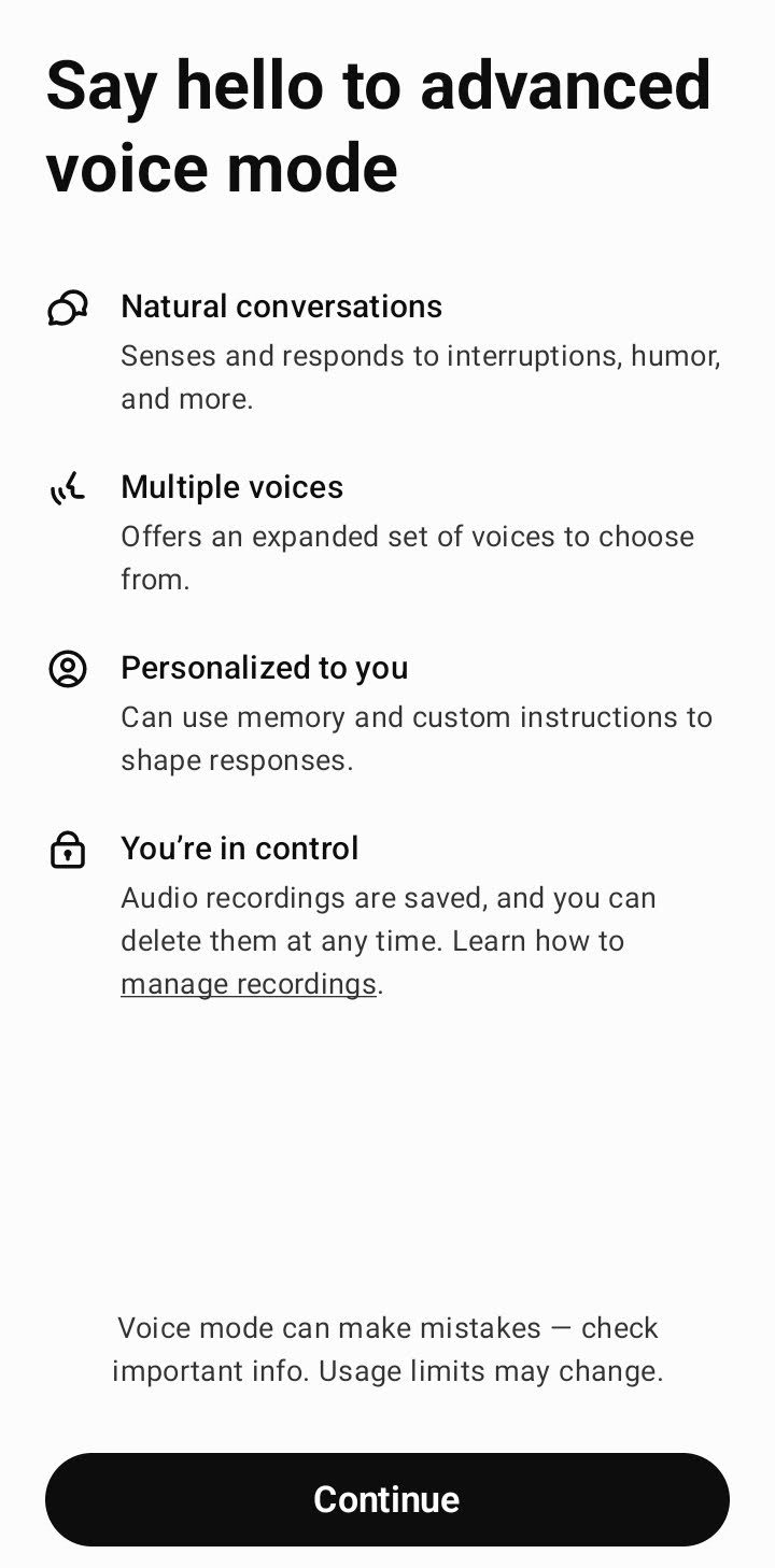 A smartphone screen introduces advanced voice mode with the heading "Say hello to advanced voice mode." Key features include "Natural conversations" that respond to interruptions and humor, "Multiple voices" with more voice options, "Personalized to you" using memory and custom instructions, and "You're in control" allowing audio recordings to be saved or deleted. At the bottom, a "Continue" button is displayed.