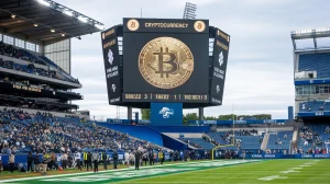 A photo of a cryptocurrency branding at a football game. There is a large LED screen displaying the cryptocurrency logo and text. The stadium is filled with spectators. The background contains the football field and the stands.