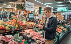 A photo of a young man paying for groceries in a grocery store with cryptocurrency on his phone. He is wearing a hoodie and glasses. The grocery store has a variety of fresh produce, meats, and packaged goods. There's a sign above the man's head that says 