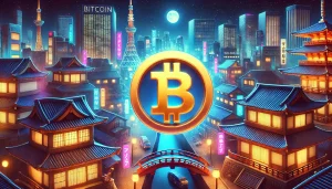 A glowing golden Bitcoin logo floating above a stylized Japanese cityscape at night