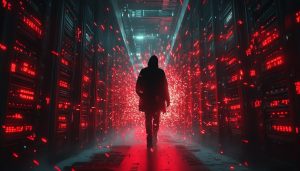 A vast digital library in chaos, rows of server racks glowing red with warning lights, sparks flying from damaged equipment, data streams fragmenting and dissolving into the air, a hooded figure lurking in the shadows, digital style, dramatic lighting