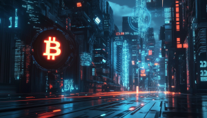 Bitcoin sign on the left on the backdrop of a city.