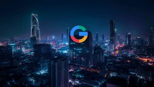 A google logo over a futuristic night cityscape image of Thailand