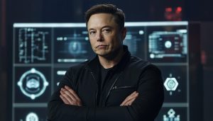 Elon Musk looking angry in front of a computer screen