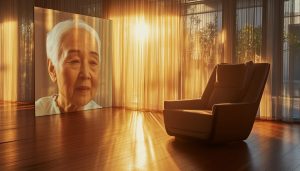 A serene, sunlit room with warm wooden floors and a large, comfortable armchair facing a high-tech, translucent screen displaying an elderly person's face, reminiscent of the viewer's own features, engaging in a heartfelt conversation, digital interface elements subtly integrated, soft light filtering through sheer curtains, capturing the essence of a poignant moment of self-reflection and connection across time.