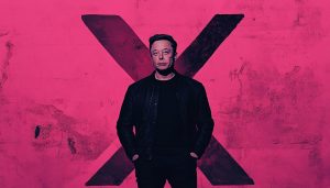 Elon Musk in front of a large 'X' logo