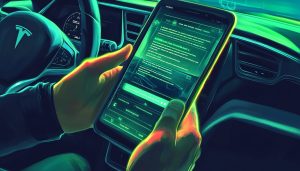 An Uber driver's hand holding a smartphone with an AI chat interface open, the screen displaying a conversation about electric vehicles, with the car's steering wheel and dashboard in the background, featuring futuristic design elements and a subtle green glow to emphasize the eco-friendly nature of EVs, digital illustration.