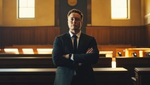 Elon Musk standing with his arms folded into front of an empty courtroom