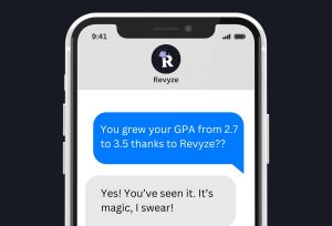 Screenshot of French startup Revyze app in action. Shows messages saying the app has helped someone increase their GPA on an iPhone. Black background.