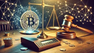 A symbolic representation of cryptocurrency and regulation, showing a digital coin balanced on a scale with a gavel nearby