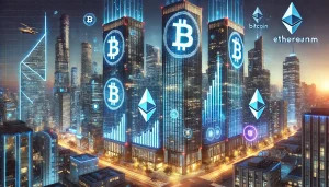 A futuristic cityscape with skyscrapers displaying financial charts and cryptocurrency symbols