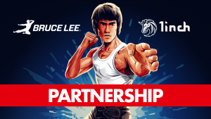 Bruce Lee on a poster with 'partnership' written below. It has the logos of the Bruce Lee Family Company on the upper left and 1inch in the right upper.