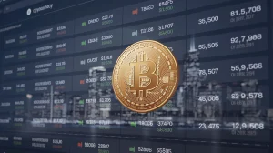 A close-up shot of a cryptocurrency exchange platform. There are various cryptocurrencies listed, with their current prices and 24-hour price change percentages displayed. The background is a city skyline at night.