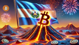 Vibrant volcano with Bitcoin symbol rising from its crater, El Salvador flag in background