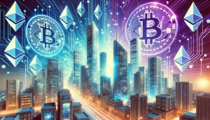 Futuristic cityscape with cryptocurrency symbols floating above skyscrapers