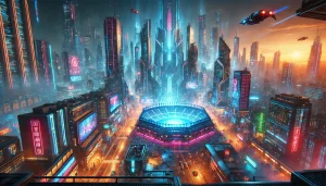 Futuristic cityscape with neon lights and holographic billboards, battle royale arena in the distance